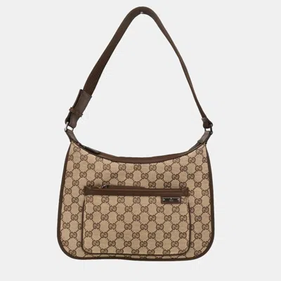 Pre-owned Gucci Beige Canvas Gg Hobo Handbag In Sand
