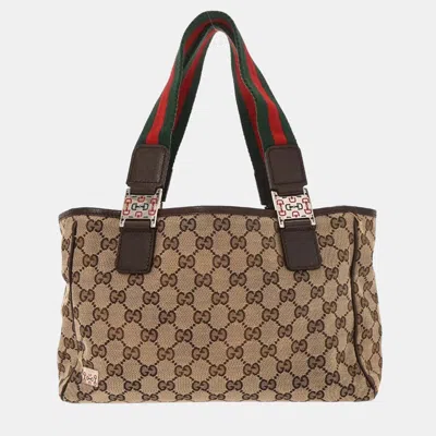 Pre-owned Gucci Beige Canvas Gg Sherry Line Tote Handbag In Sand