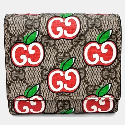 Pre-owned Gucci Beige Canvas Gg Supreme Apple Bifold Wallet (624884) In Sand