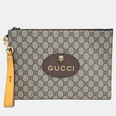 Pre-owned Gucci Beige Canvas Gg Supreme Clutch In Sand