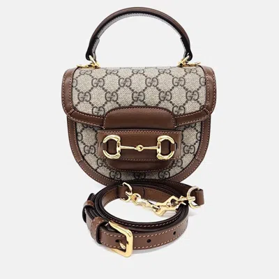 Pre-owned Gucci Beige Coated Canvas 1955 Horsebit Mini Top Handle Bag In Sand