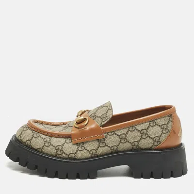 Pre-owned Gucci Beige Coated Canvas And Leather Horsebit Gg Canvas Platform Loafers Size 39.5 In Sand
