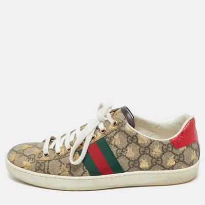 Pre-owned Gucci Beige Coated Canvas And Snakeskin Embossed Leather Ace Low Top Sneakers Size 37.5 In Sand
