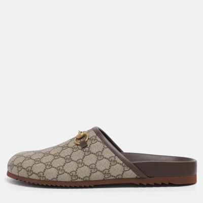 Pre-owned Gucci Beige Coated Canvas Horsebit Slippers Size 46 In Sand
