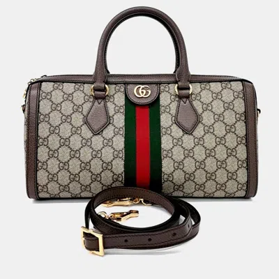 Pre-owned Gucci Beige Coated Canvas Ophidia Medium Top Handle Bag In Sand