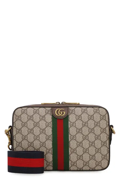Gucci Beige Coated Canvas Shoulder-handbag With Leather Trim And Green-red-green Web Detail In Pink