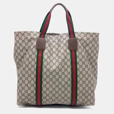 Pre-owned Gucci Beige Coated Canvas Web Tote Bag (763287) In Sand