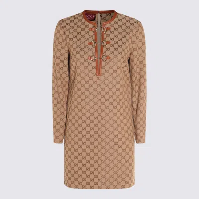 Gucci Cotton Blend Dress With All-over Gg Print In Brown
