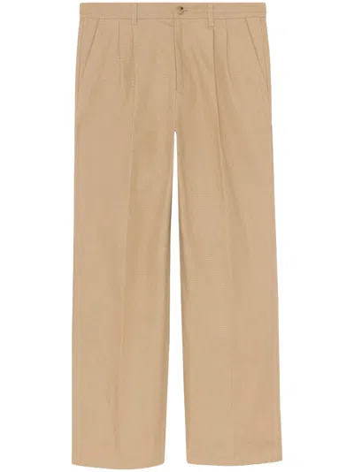 Gucci Beige Cotton Pants With Embroidered Detail And Zip/button Closure
