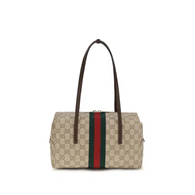 Gucci Beige Cotton Shoulder Women's Bag In Brown