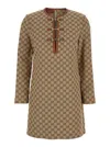 Gucci Beige Crewneck Mini Dress With Horsebit On The Front In Gg Canvas Woman In Brown