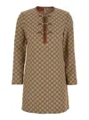 Gucci Beige Crewneck Mini Dress With Horsebit On The Front In Gg Canvas Woman In Multicolor