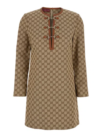 Gucci Beige Crewneck Mini Dress With Horsebit On The Front In Gg Canvas Woman