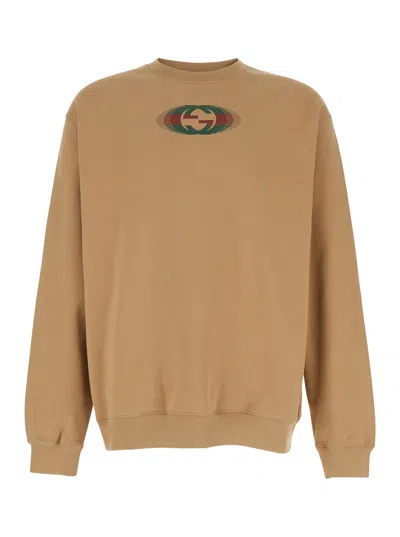 Gucci Beige Crewneck Sweatshirt With Interlocking G Shadow Print In Cotton Man In Cream