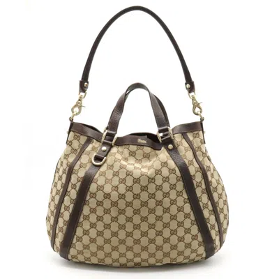 Pre-owned Gucci Beige Dark Brown Canvas Leather Handbag Shoulder Bag Tote Bag () In Beige, Dark Brown