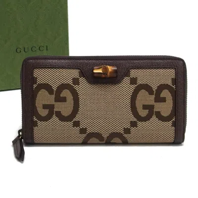 Pre-owned Gucci Beige Dark Brown Canvas Leather Long Wallet (bi-fold) () In Multi