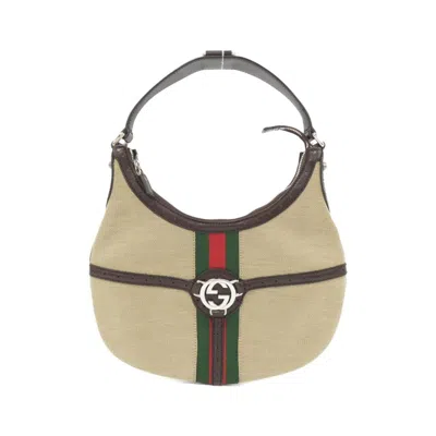 Pre-owned Gucci Beige Dark Brown Canvas Leather Shoulder Bag ()
