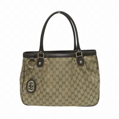 Pre-owned Gucci Beige Dark Brown Canvas Leather Shoulder Bag Tote Bag () In Beige, Dark Brown