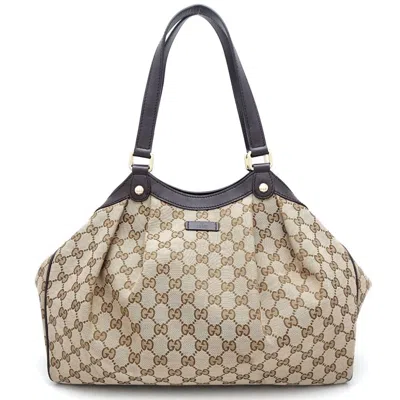 Pre-owned Gucci Beige Dark Brown Gg Canvas Leather Tote Bag () In Beige, Dark Brown