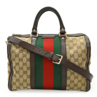 Pre-owned Gucci Beige Dark Brown Green Khaki Red Color Canvas Leather Handbag Shoulder Bag ()