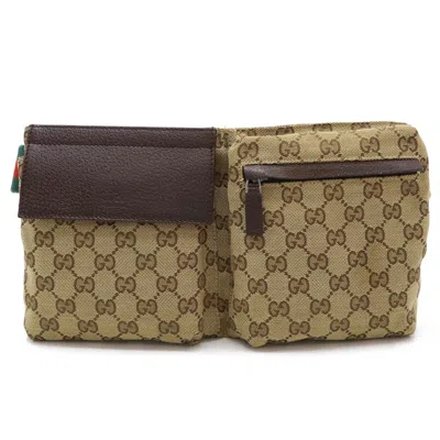 Pre-owned Gucci Beige Dark Brown Green Khaki Red Color Canvas Leather Pouch Sling Bag ()