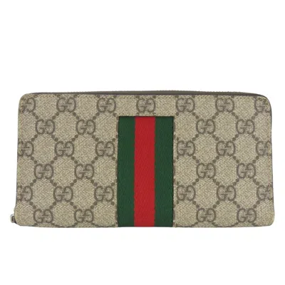 Pre-owned Gucci Beige Dark Brown Green Red Color Gg Supreme Long Wallet (bi-fold) ()