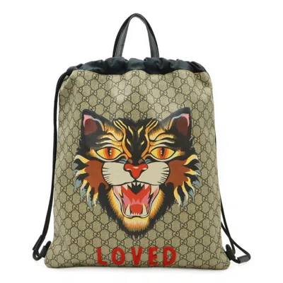 Pre-owned Gucci Beige Dark Brown Multi-color Gg Supreme Leather/webbing Backpack ()