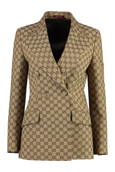 Gucci Beige Double-breasted Original Gg Fabric Jacket With Padded Shoulders For Women In Tan