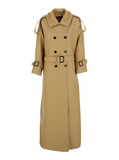 Gucci Beige Double-breasted Oversize Coat With Dropped Shoulders And Rear Single Vent In Gg Canvas W In Multicolor
