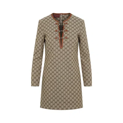 Gucci Beige Dress In Gg Fabric With Clip Detail In Camel