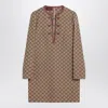 Gucci Beige Crewneck Mini Dress With Horsebit On The Front In Gg Canvas Woman In Brown