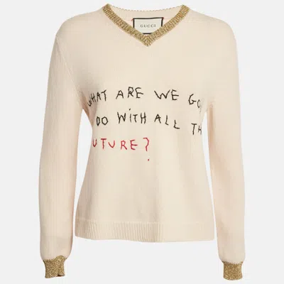 Pre-owned Gucci Beige Embroidered Lurex Trim Wool Knit V-neck Sweater S