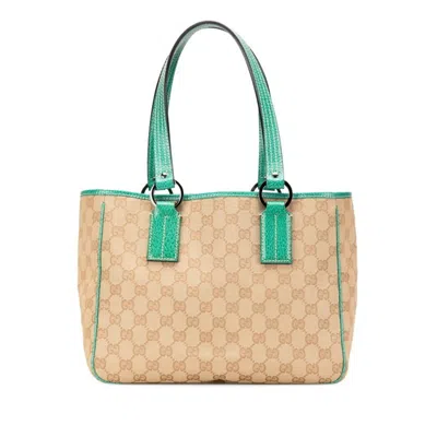 Pre-owned Gucci Beige Emerald Green Canvas Leather Tote Bag ()