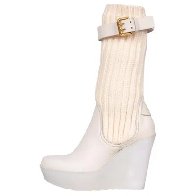 Pre-owned Gucci Beige Fabric & Leather Buckle Wedge Sock Boots Sz.37 In Brown