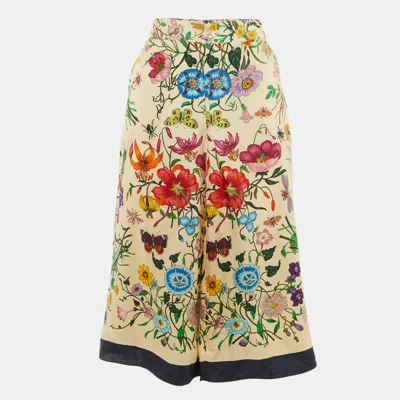 Pre-owned Gucci Beige Floral Print Silk Culottes M In Sand