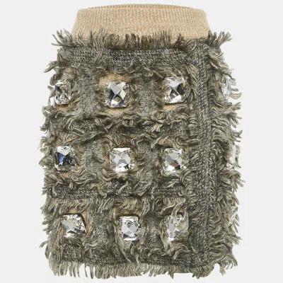 Pre-owned Gucci Beige Fringed Wool Heavy Crystal Embellished Mini Skirt Xs