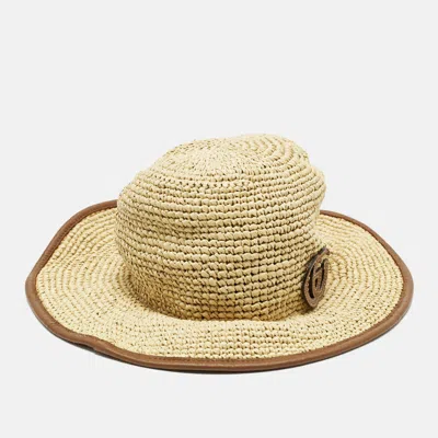 Pre-owned Gucci Beige Gg Appliqued Raffia Hat M In Sand