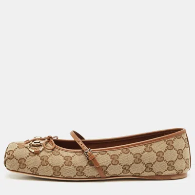Pre-owned Gucci Beige Gg Canvas And Leather Horsebit Ballet Flats Size 40