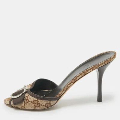 Pre-owned Gucci Beige Gg Canvas And Leather Horsebit Mule Sandals Size 39