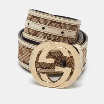 Pre-owned Gucci Beige Gg Canvas And Leather Interlocking G Buckle Belt 95cm