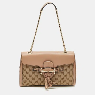 Pre-owned Gucci Beige Gg Canvas And Leather Medium Emily Chain Shoulder Bag In Sand