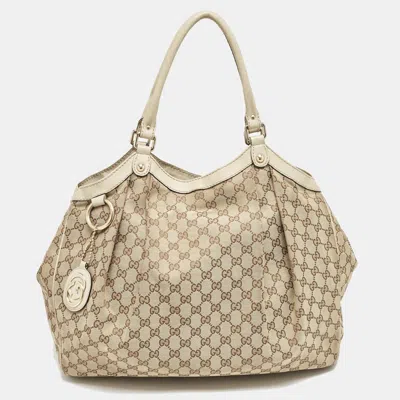 Pre-owned Gucci Beige Gg Canvas And Leather Sukey Tote