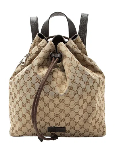 Gucci Beige Gg Canvas Drawstring Backpack (authentic Pre-loved) In Brown