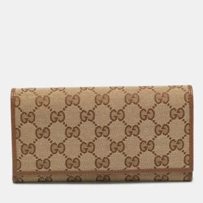 Pre-owned Gucci Beige Gg Canvas Flap Continental Wallet In Sand