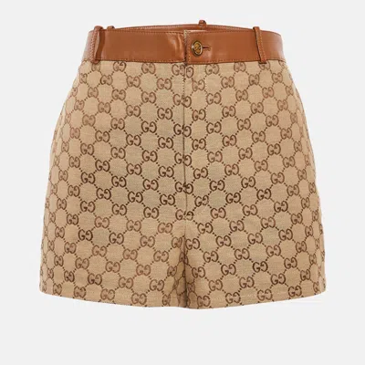 Pre-owned Gucci Beige Gg Canvas Leather Trimmed Shorts Xl