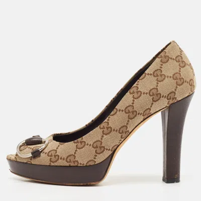 Pre-owned Gucci Beige Gg Canvas New Hollywood Horsebit Peep Toe Pumps Size 36.5