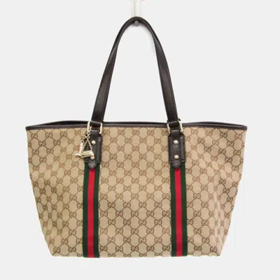 Pre-owned Gucci Sherry Line Gg Canvas Leather Tote Bag Beige