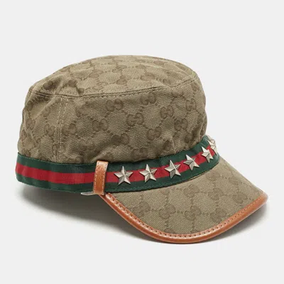 Pre-owned Gucci Beige Gg Canvas Star Studded Military Cap S