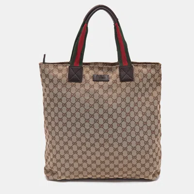 Pre-owned Gucci Beige Gg Canvas Web Shopper Tote In Sand