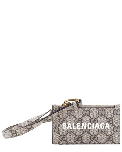Gucci Beige Gg Coated Canvas X Balenciaga The Hacker Project Zip Card Case  With Strap (authentic Pr